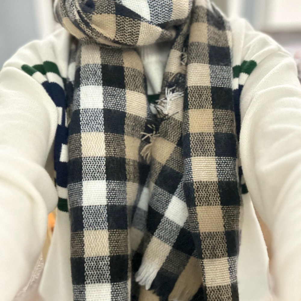 Plaid Scarf in Black, White, and Tan